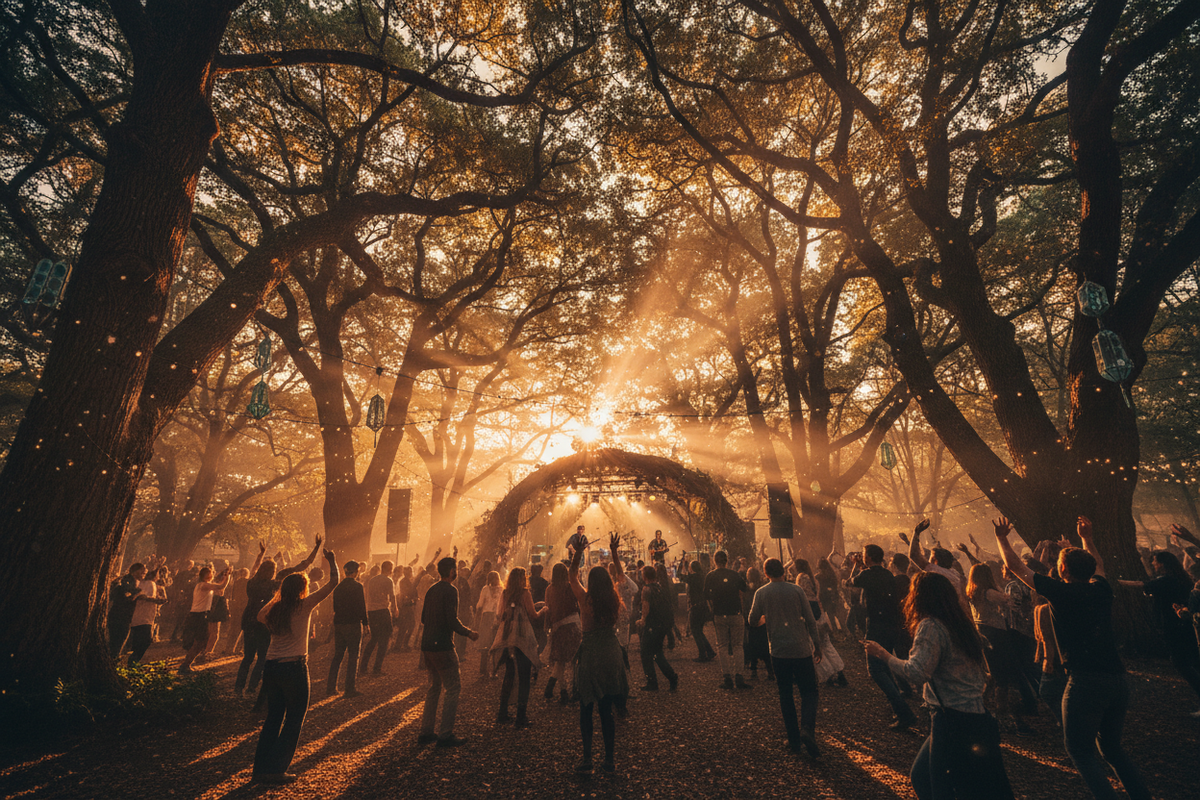 Festival crowd through trees at golden hour